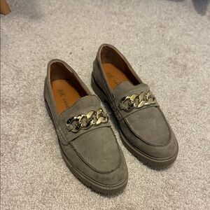 Anne Klein Olive Green Suede Loafers with Gold Chain